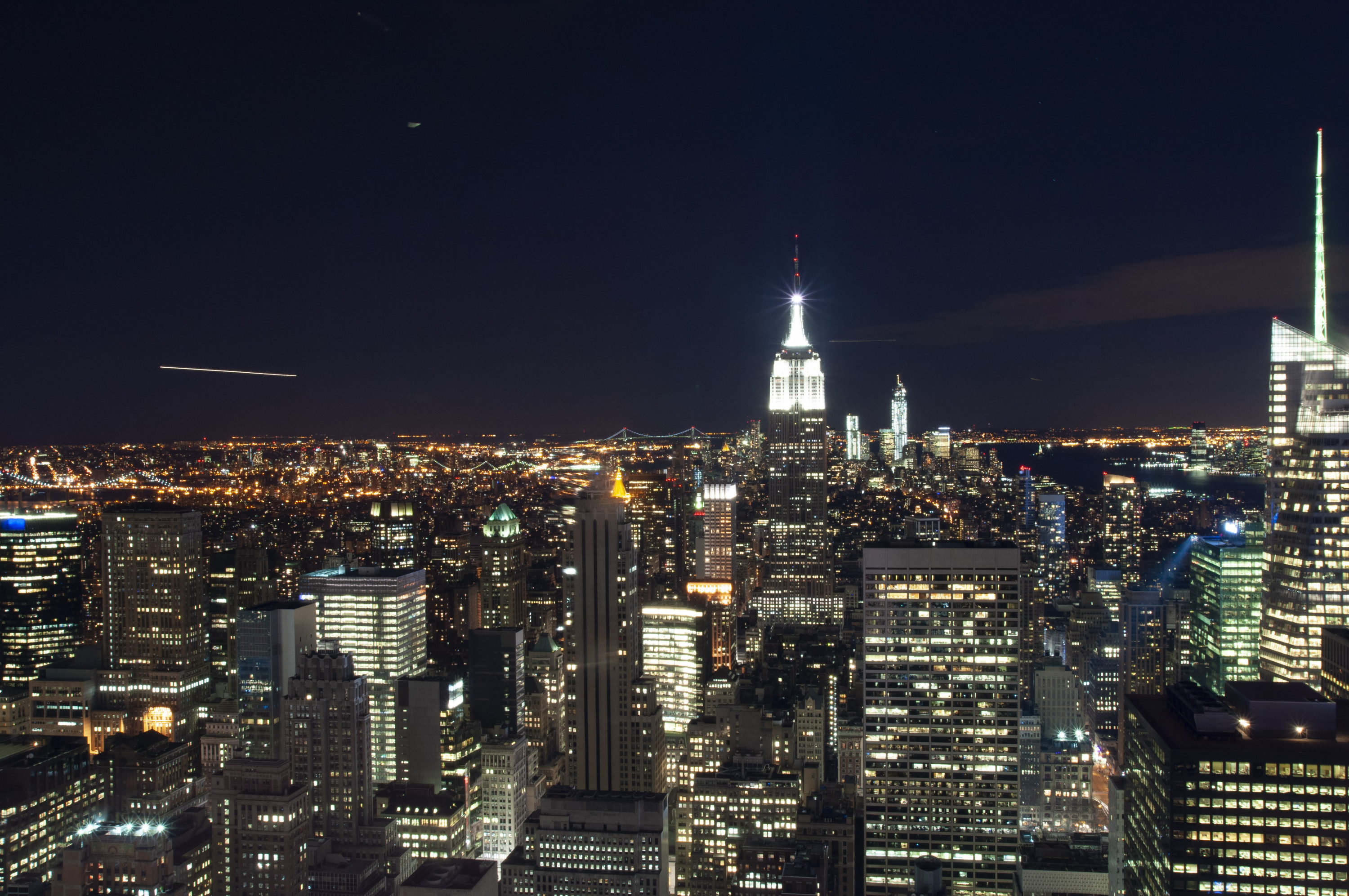 The skies above Manhattan are drowned out by the urban sprawl situated in New York City on a chilly night in April 2013.